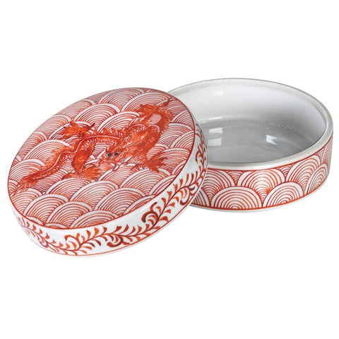 Dragon Oriental Print Coral / Orange trinket pot - ceramic - CLEARANCE